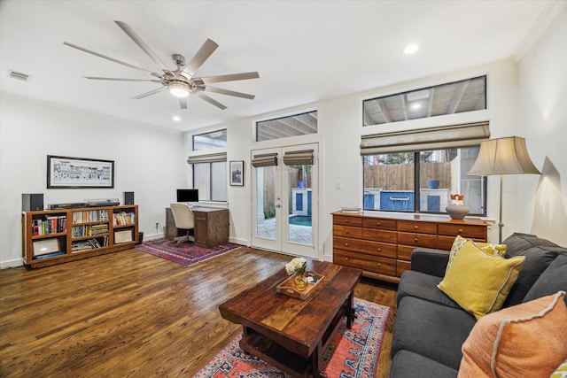 6410 Rodrigo St Unit B, Houston, TX 77007 - living room with wood finished floors, a desk, french doors, ceiling fan, and recessed lighting