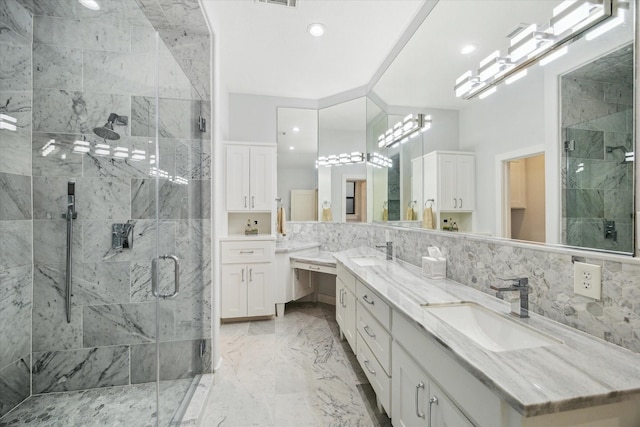 6410 Rodrigo St Unit B, Houston, TX 77007 - bathroom featuring double vanity, a marble finish shower, marble tiled floors, recessed lighting, and tasteful backsplash