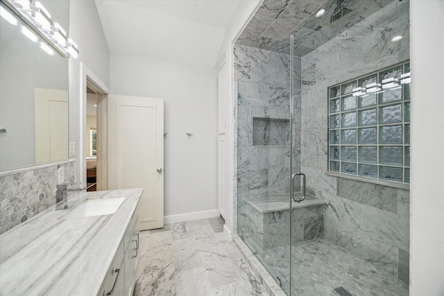 6410 Rodrigo St Unit B, Houston, TX 77007 - full bathroom featuring a marble finish shower, vanity, and marble finish floors