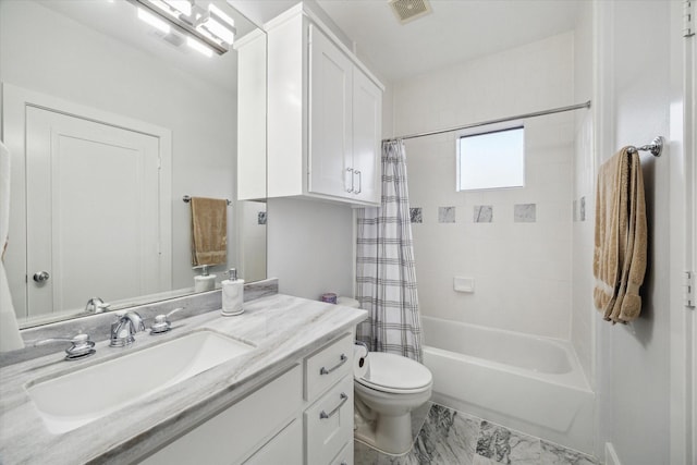 6410 Rodrigo St Unit B, Houston, TX 77007 - full bathroom featuring vanity, shower / bathtub combination with curtain, and marble look tiles