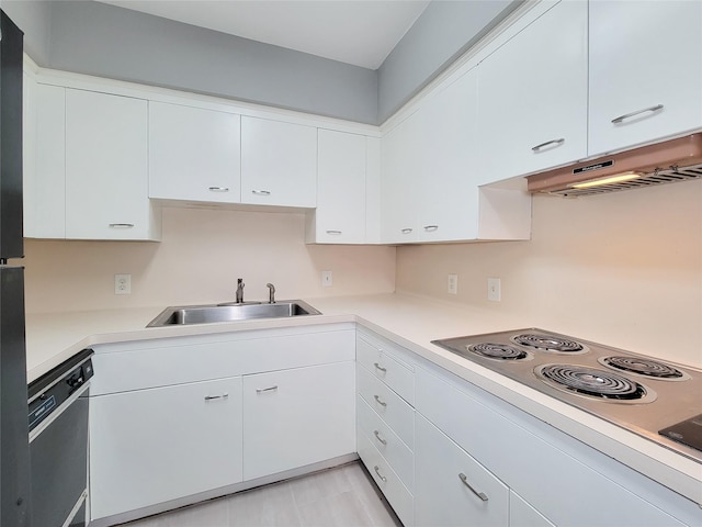 2600 Bellefontaine St Unit A21, Houston, TX 77025 - kitchen featuring dishwashing machine, electric cooktop, light countertops, white cabinetry, and ventilation hood