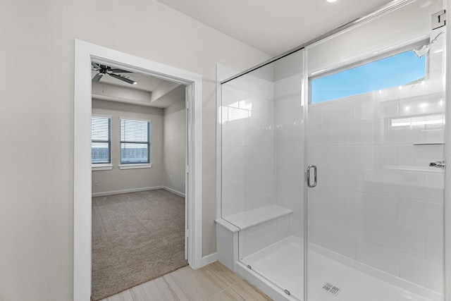 21521 Witham Promenade Ln, Magnolia, TX 77355 - bathroom with a shower stall and ceiling fan
