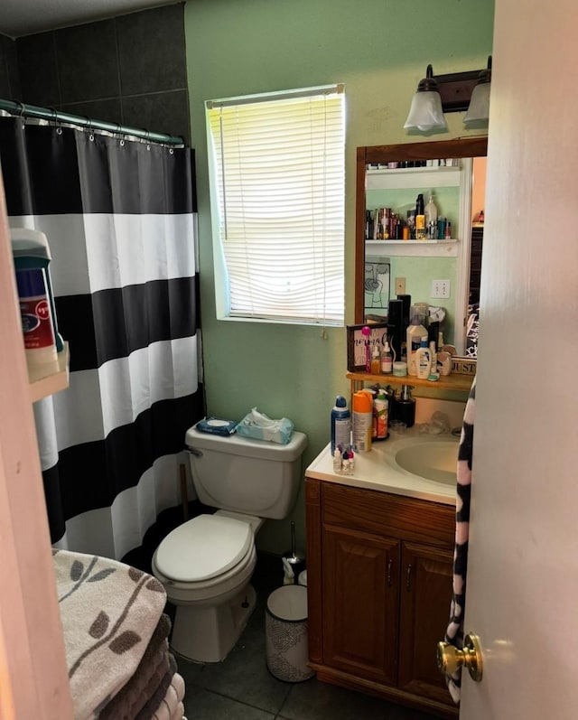 3201 Stallings Dr, Houston, TX 77088 - bathroom featuring tile patterned floors, vanity, and a shower with shower curtain