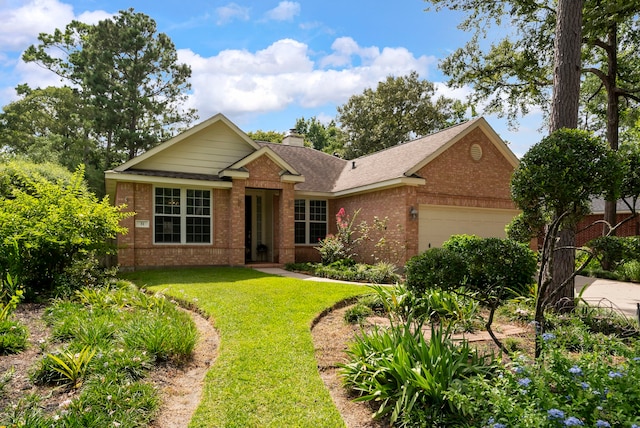 31 N Winterport Cir, The Woodlands, TX 77382 - ranch-style house with brick siding, a garage, a front yard, a chimney, and a shingled roof