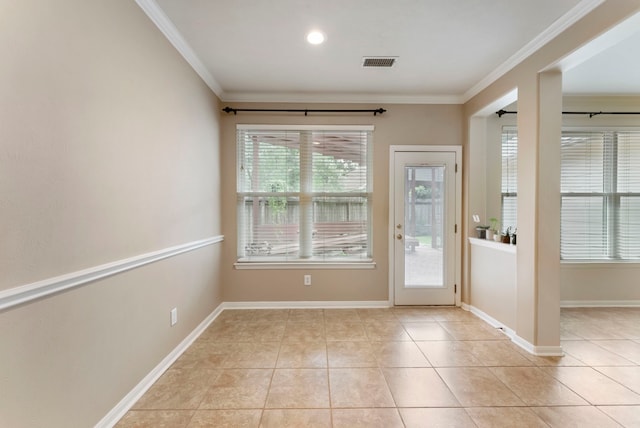 31 N Winterport Cir, The Woodlands, TX 77382 - doorway to outside featuring ornamental molding, light tile patterned floors, and recessed lighting