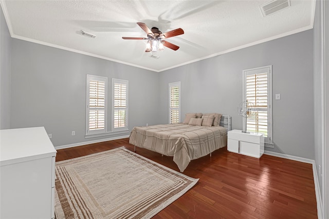 2814 Rustic Woods Dr, Houston, TX 77345 - bedroom featuring multiple windows, dark wood finished floors, a ceiling fan, and ornamental molding