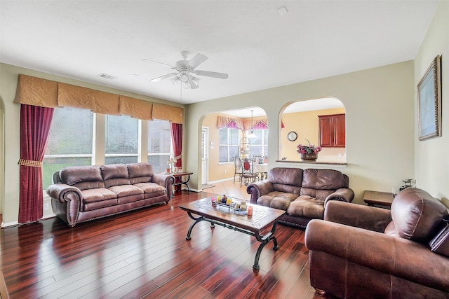 3705 Canterbury Park Dr, Pearland, TX 77584 - living room featuring arched walkways, ceiling fan, and wood finished floors