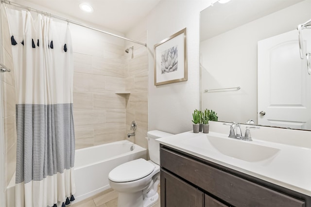 24218 Birchwood Creek Ct, Spring, TX 77389 - bathroom with shower / tub combo with curtain, vanity, tile patterned floors, and recessed lighting