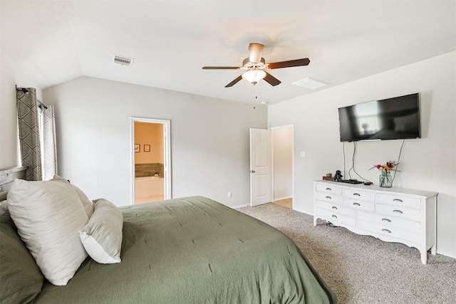 24218 Birchwood Creek Ct, Spring, TX 77389 - bedroom featuring light colored carpet, ceiling fan, lofted ceiling, and ensuite bath