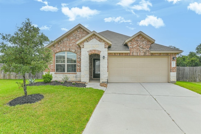 24218 Birchwood Creek Ct, Spring, TX 77389 - french country home featuring an attached garage, brick siding, concrete driveway, stone siding, and roof with shingles