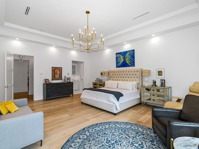 518 Hallie Dr, Houston, TX 77024 - bedroom featuring a chandelier, recessed lighting, and light wood-style flooring