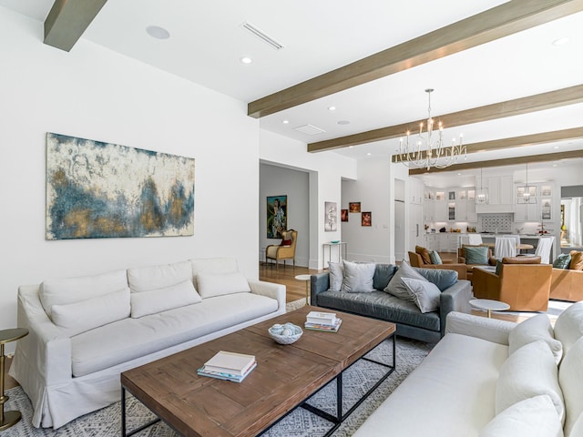 518 Hallie Dr, Houston, TX 77024 - living area with beamed ceiling, recessed lighting, a chandelier, and light wood-style floors