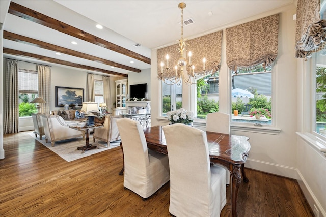7614 Brykerwoods Dr, Houston, TX 77055 - dining area featuring a chandelier, plenty of natural light, wood finished floors, beamed ceiling, and recessed lighting
