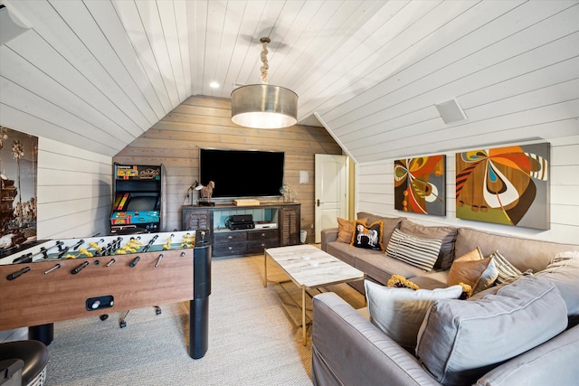 7614 Brykerwoods Dr, Houston, TX 77055 - rec room featuring wood walls, vaulted ceiling, carpet flooring, and wood ceiling