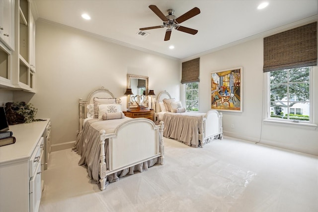 7614 Brykerwoods Dr, Houston, TX 77055 - bedroom with recessed lighting, light carpet, crown molding, and ceiling fan
