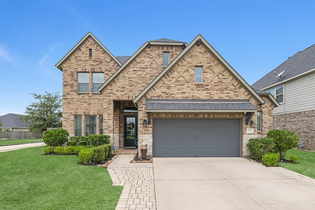 1926 Kingston Meadow Ln, Katy, TX 77494 - view of front of property with driveway, a front yard, brick siding, an attached garage, and a shingled roof
