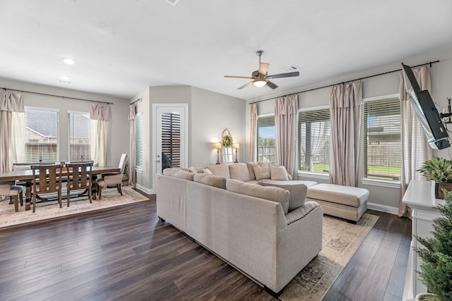 1926 Kingston Meadow Ln, Katy, TX 77494 - living area with plenty of natural light, dark wood-style flooring, ceiling fan, and recessed lighting