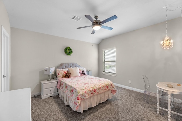 1926 Kingston Meadow Ln, Katy, TX 77494 - carpeted bedroom featuring vaulted ceiling, a chandelier, and ceiling fan