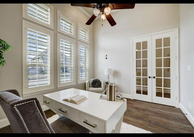 5011 Anthony Springs Ln, Sugar Land, TX 77479 - office with french doors, a ceiling fan, and dark wood-style flooring