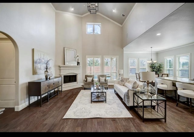 5011 Anthony Springs Ln, Sugar Land, TX 77479 - living area with crown molding, arched walkways, dark wood finished floors, a fireplace with raised hearth, and high vaulted ceiling
