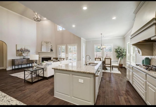 5011 Anthony Springs Ln, Sugar Land, TX 77479 - kitchen featuring a chandelier, dark wood-style floors, stainless steel appliances, a fireplace, and ornamental molding