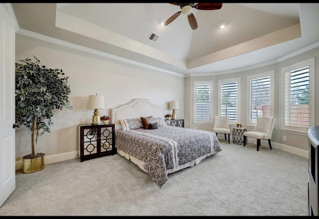 5011 Anthony Springs Ln, Sugar Land, TX 77479 - bedroom with light colored carpet, a tray ceiling, crown molding, and a ceiling fan
