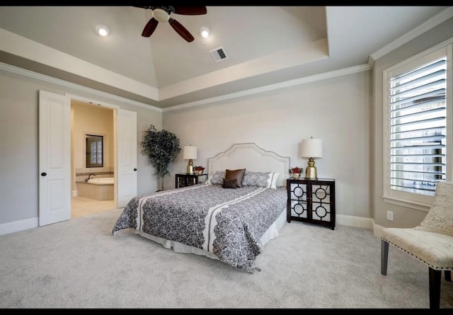 5011 Anthony Springs Ln, Sugar Land, TX 77479 - carpeted bedroom with crown molding, ensuite bath, a tray ceiling, and ceiling fan