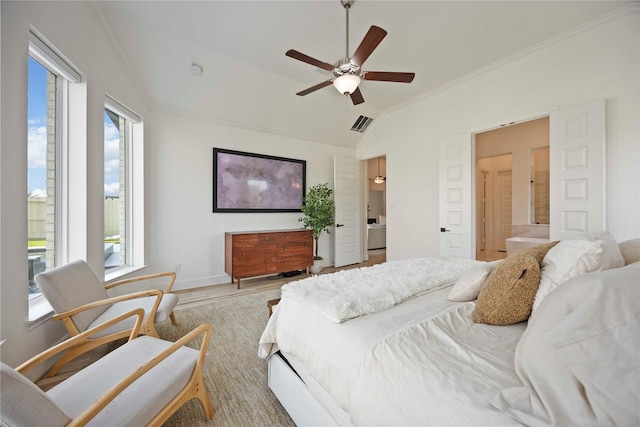 11822 Creekside Shore Cir, Cypress, TX 77433 - bedroom featuring multiple windows, lofted ceiling, ornamental molding, wood finished floors, and a ceiling fan
