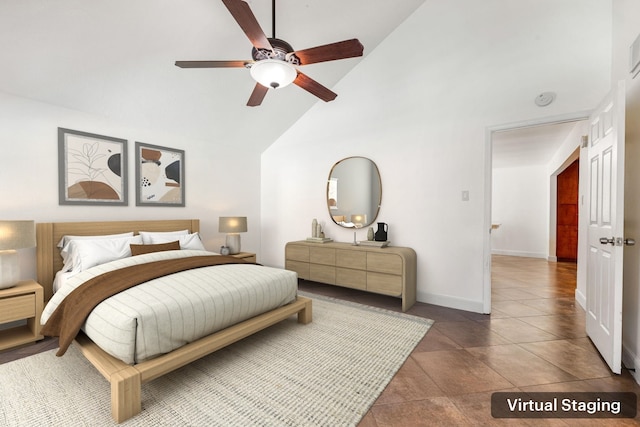 7306 Creek Crest Dr, Houston, TX 77095 - bedroom featuring high vaulted ceiling, ceiling fan, and tile patterned floors