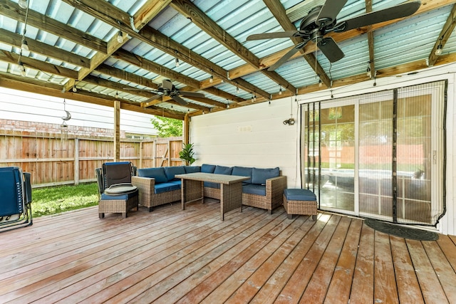 7306 Creek Crest Dr, Houston, TX 77095 - wooden terrace with ceiling fan and an outdoor living space