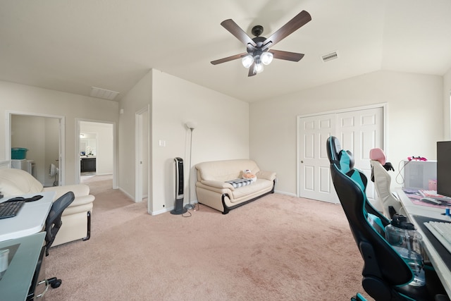 14722 Ruddy Duck Ln, Houston, TX 77049 - office area with a ceiling fan, light colored carpet, and lofted ceiling