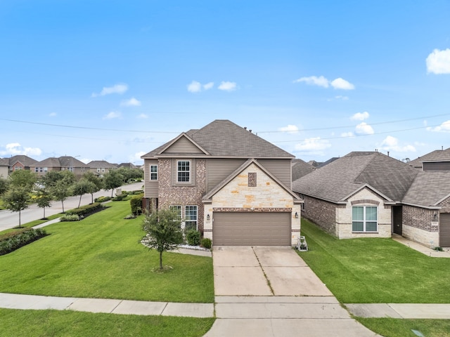 14722 Ruddy Duck Ln, Houston, TX 77049 - traditional-style home featuring concrete driveway, a front yard, brick siding, a residential view, and roof with shingles