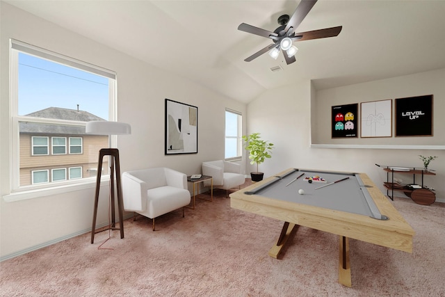 14722 Ruddy Duck Ln, Houston, TX 77049 - rec room featuring carpet, billiards table, ceiling fan, and vaulted ceiling