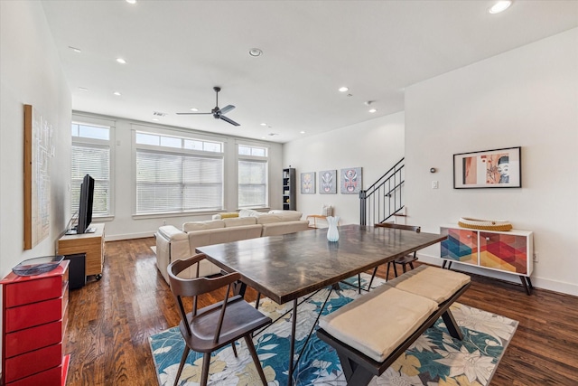 1422 Rosedale St, Houston, TX 77004 - dining area with wood finished floors, recessed lighting, stairway, and ceiling fan