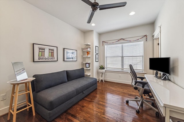 1422 Rosedale St, Houston, TX 77004 - home office with a ceiling fan, wood finished floors, and recessed lighting