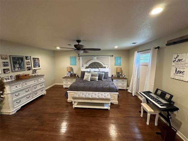 2201 Oleander Dr, Dickinson, TX 77539 - bedroom featuring dark wood-type flooring, ceiling fan, and recessed lighting