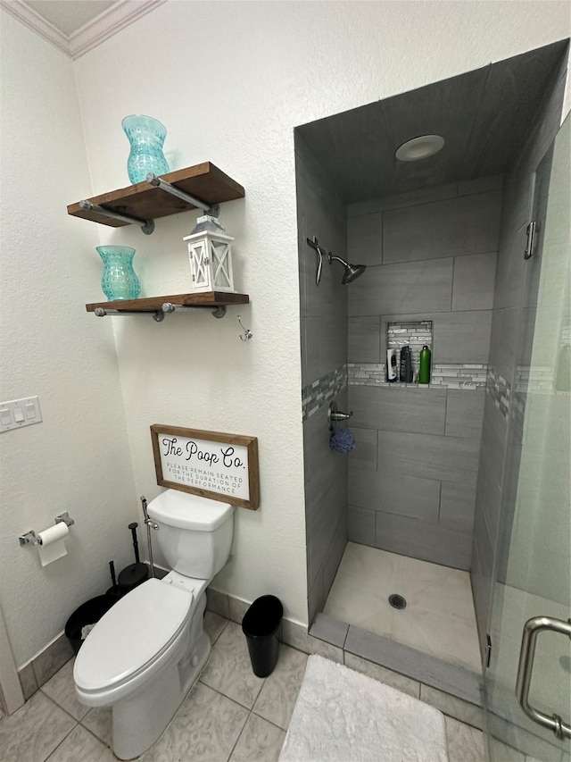 2201 Oleander Dr, Dickinson, TX 77539 - full bath featuring a shower stall, crown molding, and tile patterned floors