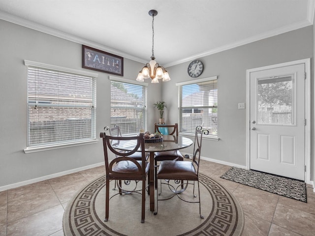 3310 Compass Ct, Conroe, TX 77301 - dining area with ornamental molding, a chandelier, and light tile patterned floors