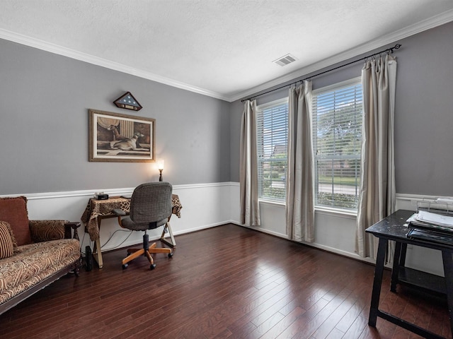 3310 Compass Ct, Conroe, TX 77301 - office with hardwood / wood-style floors, crown molding, a textured ceiling, and a wainscoted wall