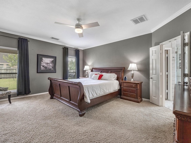 3310 Compass Ct, Conroe, TX 77301 - bedroom with carpet flooring, crown molding, and ceiling fan