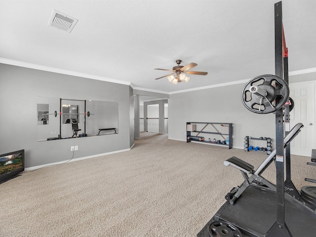 3310 Compass Ct, Conroe, TX 77301 - exercise area featuring ceiling fan, ornamental molding, and carpet floors