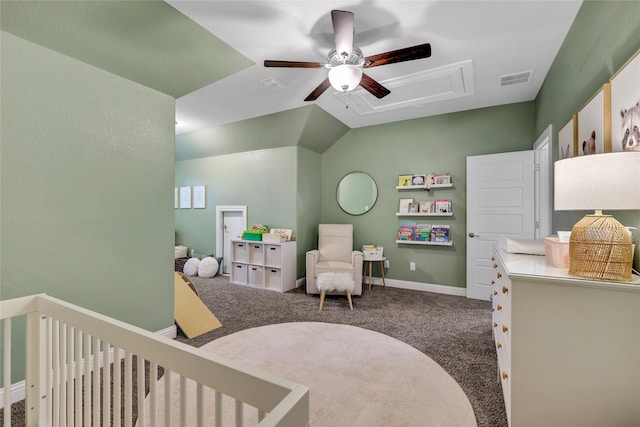1002 Shepherd Oaks Dr, Houston, TX 77018 - carpeted bedroom with ceiling fan, attic access, lofted ceiling, and a crib