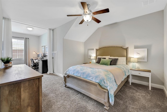 1002 Shepherd Oaks Dr, Houston, TX 77018 - bedroom with carpet flooring, an office area, ceiling fan, and vaulted ceiling