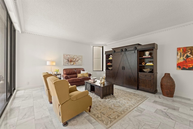 5555 Del Monte Dr Unit T24, Houston, TX 77056 - living room with light marble finish floors, a textured ceiling, a barn door, and ornamental molding