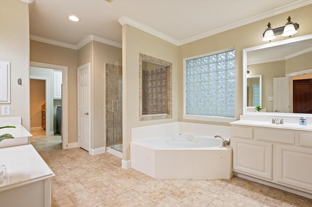 5222 Arcadia Glen Ln, Katy, TX 77494 - full bath featuring vanity, a garden tub, a shower stall, crown molding, and recessed lighting