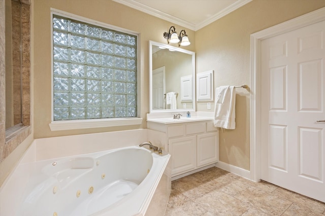 5222 Arcadia Glen Ln, Katy, TX 77494 - full bathroom with a tub with jets, ornamental molding, vanity, and tile patterned flooring