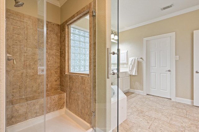 5222 Arcadia Glen Ln, Katy, TX 77494 - full bathroom featuring crown molding, a shower stall, and a tub