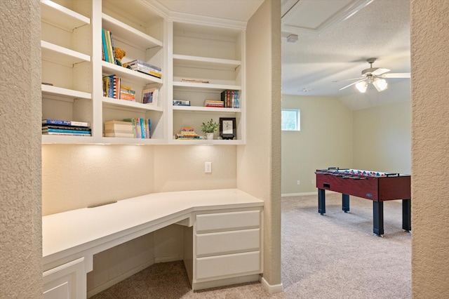 5222 Arcadia Glen Ln, Katy, TX 77494 - unfurnished office with built in study area, light colored carpet, ceiling fan, a textured wall, and vaulted ceiling