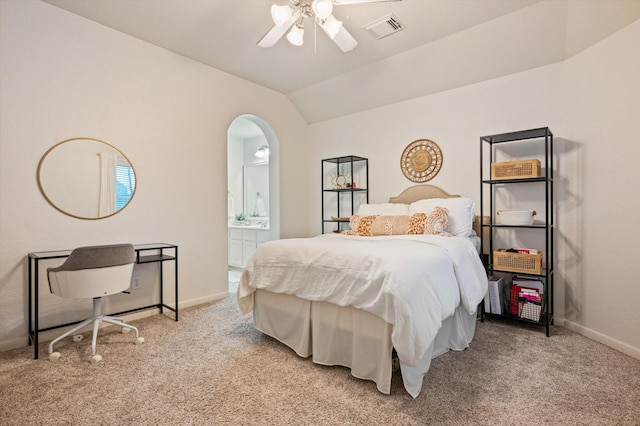 5222 Arcadia Glen Ln, Katy, TX 77494 - bedroom with light carpet, vaulted ceiling, ensuite bath, and ceiling fan