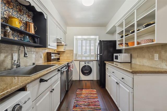 6442 Olympia Dr Unit 85, Houston, TX 77057 - kitchen with washer / dryer, open shelves, stainless steel appliances, and white cabinets